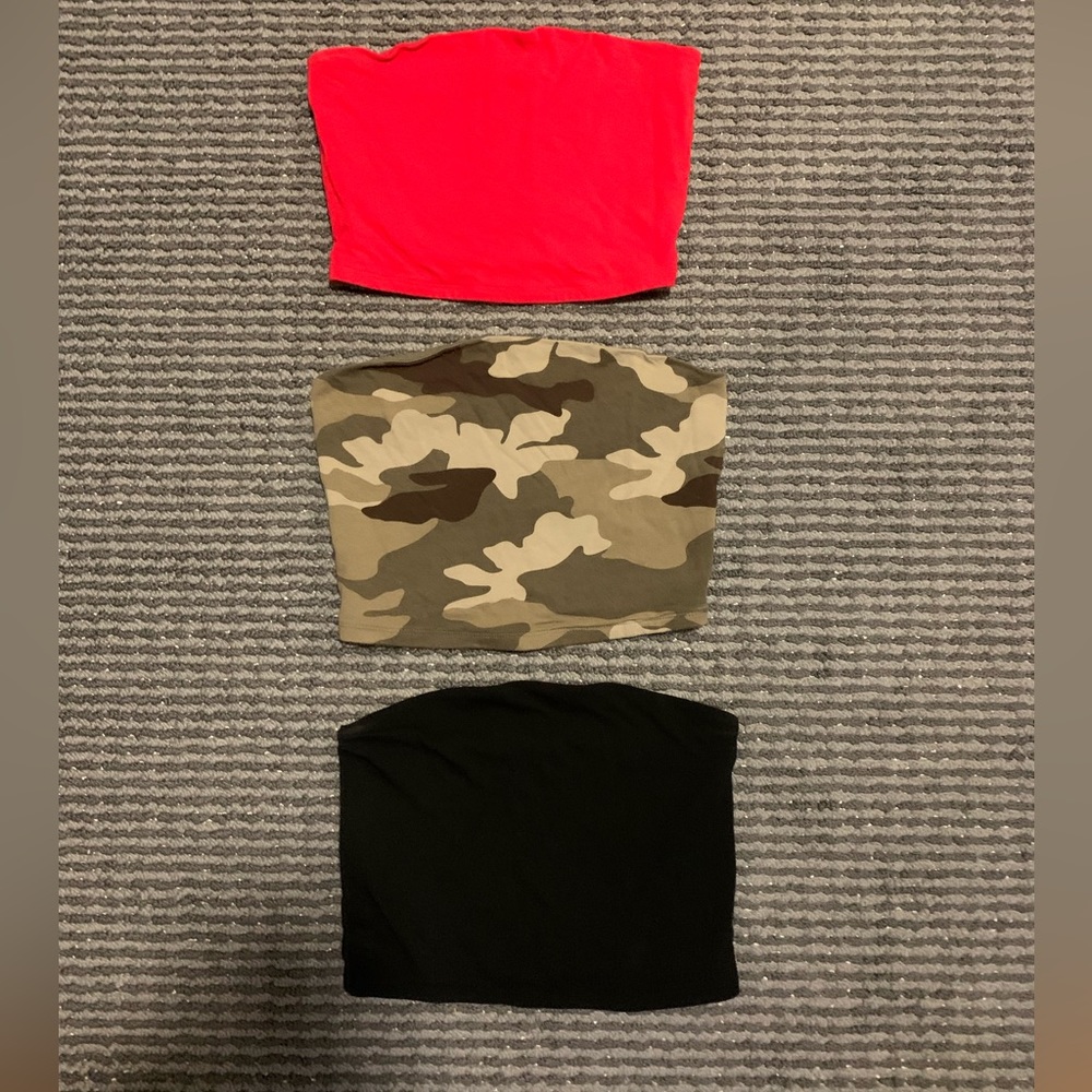 Garage tube tops in camouflage, red, and black size small